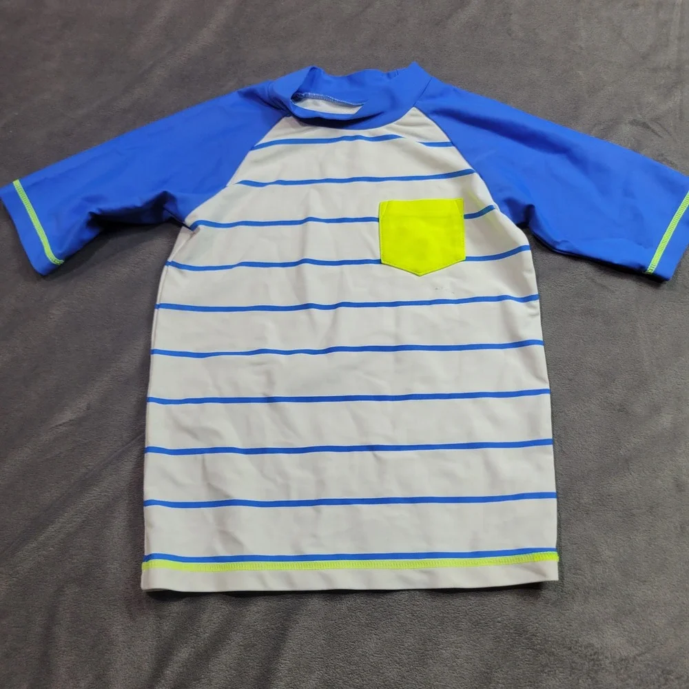Koala Kids Boys 5T Rash Guard‎ Swim Shirt Blue White Striped Neon Yellow Pocket
